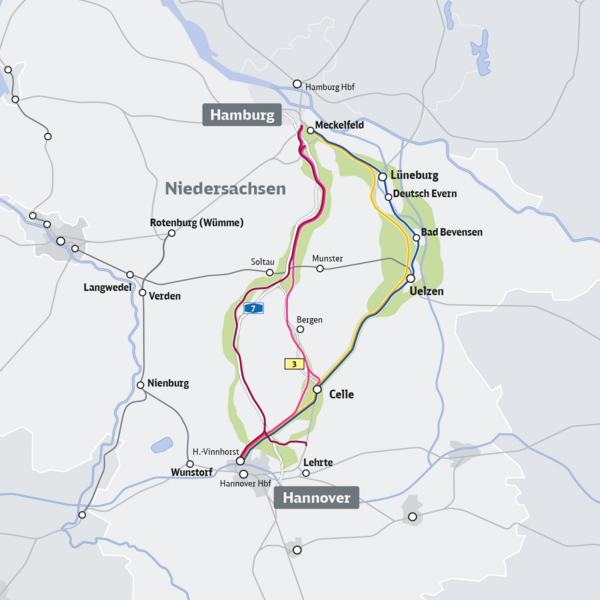 Grafik Streckenvarianten zwischen Hamburg und Hannover