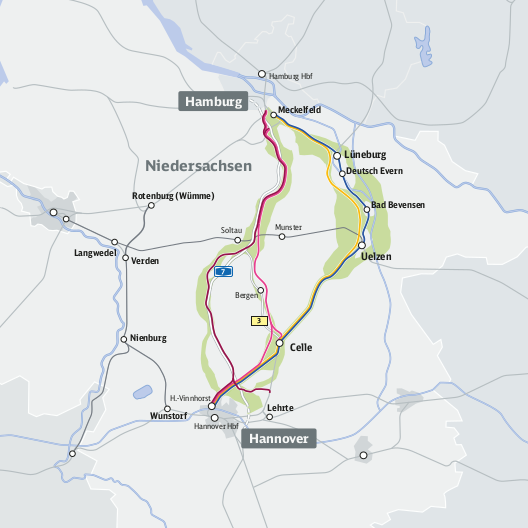 Grafik Streckenvarianten zwischen Hamburg und Hannover